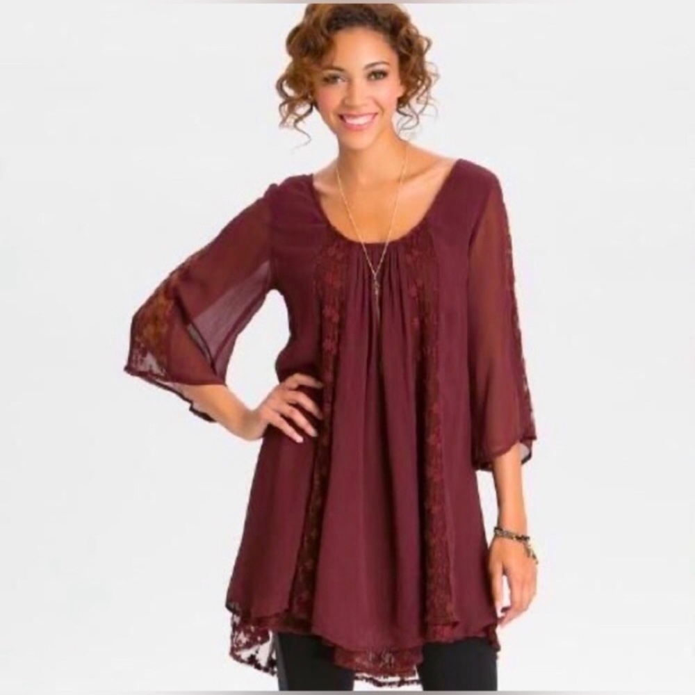 WORLD MARKET ✨ burgundy lace tunic blouse witchy boho L/XL